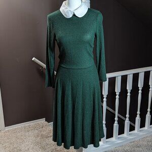 ModCloth Hunter Green Ribbed Peter Pan Sweater Dress, long sleeves. Size S